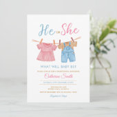 He or She Pink & Blue Clothesline Gender Reveal Kaart (Staand voorkant)