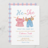 He or She Pink & Blue Clothesline Gender Reveal Kaart (Voorkant / Achterkant)