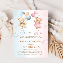 He or She Teddy Bear Gender Reveal Invitation Kaart