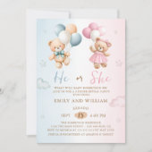 He or She Teddy Bear Gender Reveal Invitation Kaart (Voorkant)