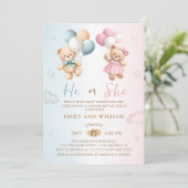 He or She Teddy Bear Gender Reveal Invitation Kaart (Staand voorkant)