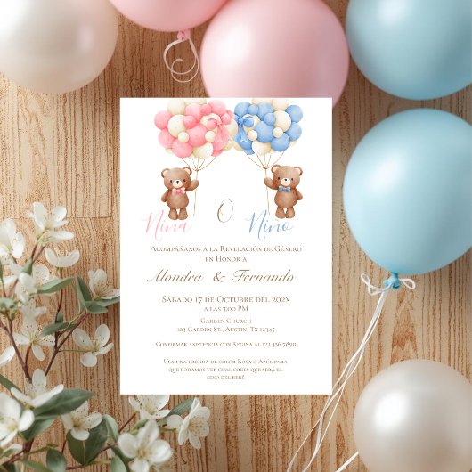 He or She Teddy Bear with Balloons Gender Reveal I Kaart