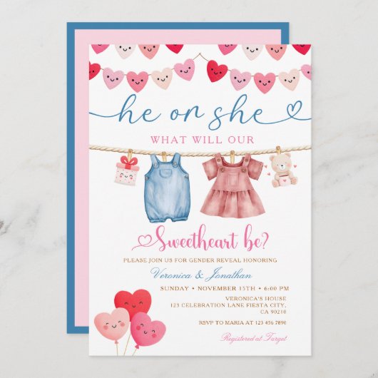 He or She Valentine Gender Reveal Clothesline  Kaart (Voorkant / Achterkant)