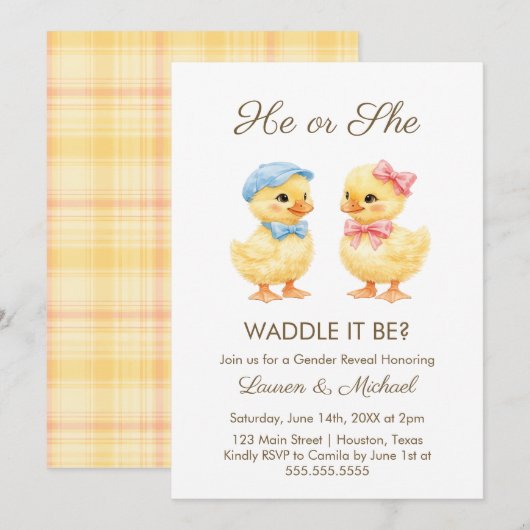 He or She WADDLE IT BE? Gender Reveal Invitation Kaart (Voorkant / Achterkant)