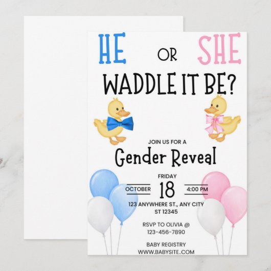 He or She who will it be? Gender reveal Invitation Kaart (Voorkant / Achterkant)
