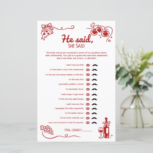 He Said She Said Amore Wedding Party Activity Card (Staand voorkant)