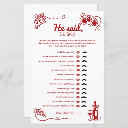 He Said She Said Amore Wedding Party Activity Card (Voorkant / Achterkant)