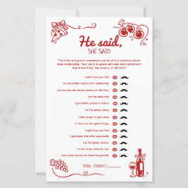 He Said She Said Amore Wedding Party Activity Card