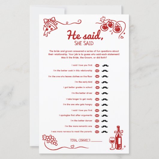 He Said She Said Amore Wedding Party Activity Card (Voorkant)