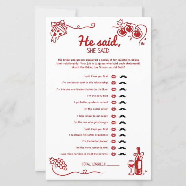 He Said She Said Amore Wedding Party Activity Card (Voorkant)