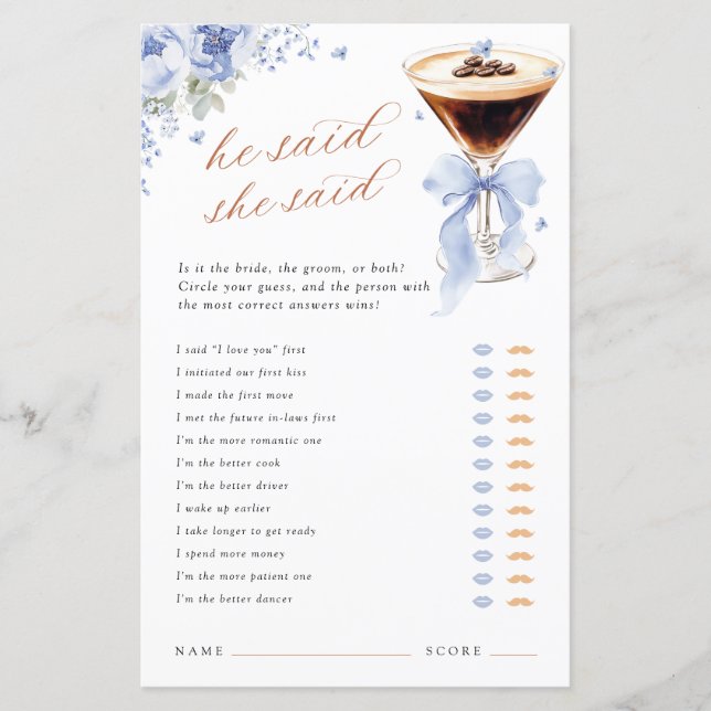 He Said She Said Blue Bow Bridal Shower Game (Voorkant)