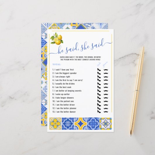 He Said She Said Blue Tiles Bridal Shower Game (Voorkant / Achterkant in situ)