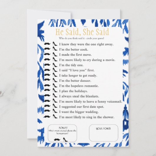 He Said, She Said Bridal shower  Blue Game Kaart (Voorkant)