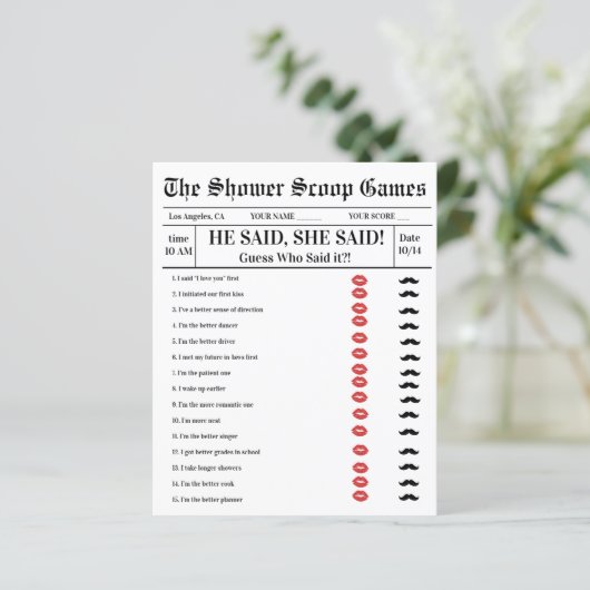 He said She said Bridal Shower Game  (Staand voorkant)