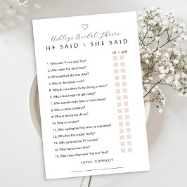 He Said She Said Bridal Shower Game Card