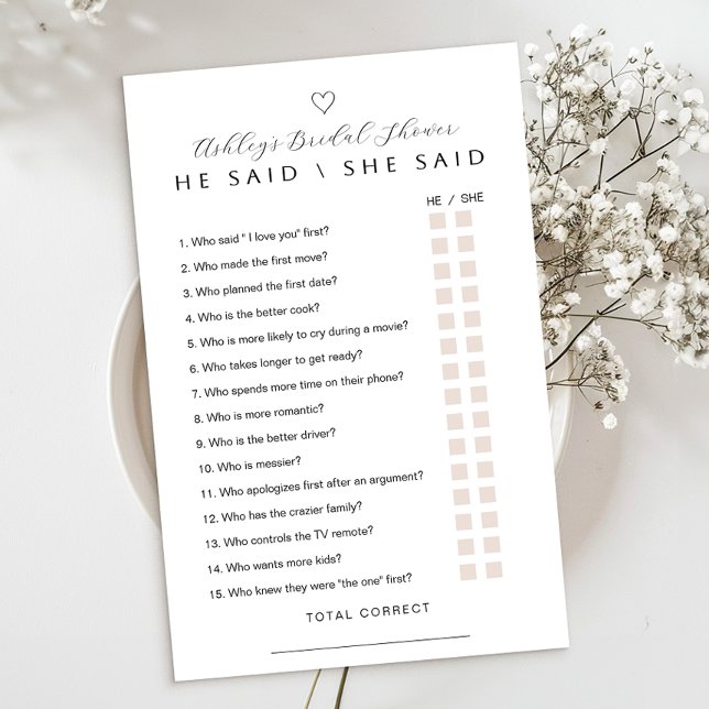 He Said She Said Bridal Shower Game Card (Bridal Shower Game)