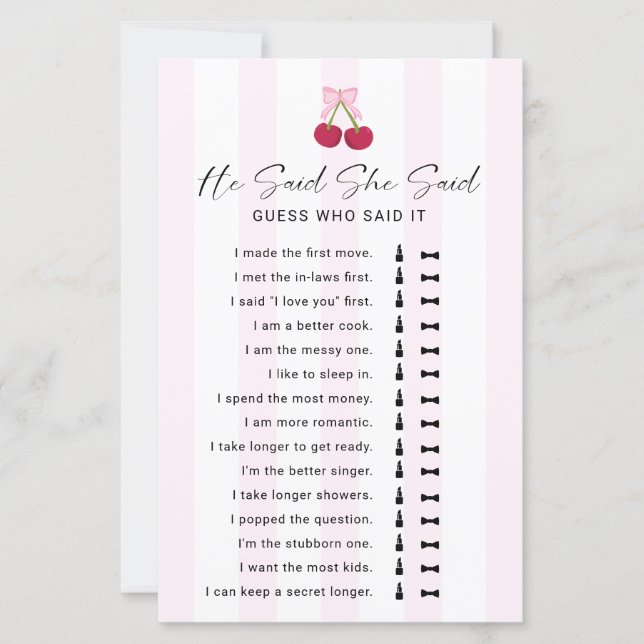 He Said She Said Bridal Shower Game Coquette (Voorkant)