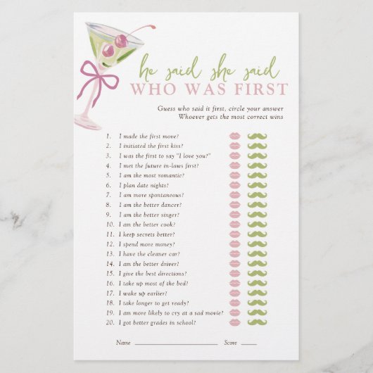 He Said She Said Chic Martini Bridal Game (Voorkant)