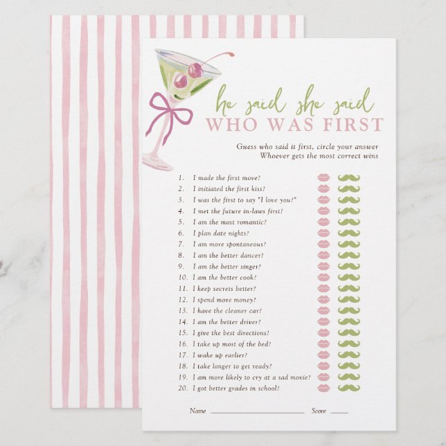 He Said She Said Chic Martini Bridal Game (Voorkant / Achterkant)