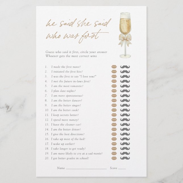 He Said She Said Elegant Champagne Bow Bridal Game (Voorkant)
