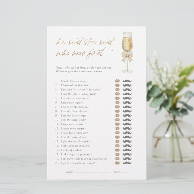 He Said She Said Elegant Champagne Bow Bridal Game (Staand voorkant)
