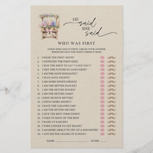 He Said She Said Farmers Market Bridal Shower Game (Voorkant)