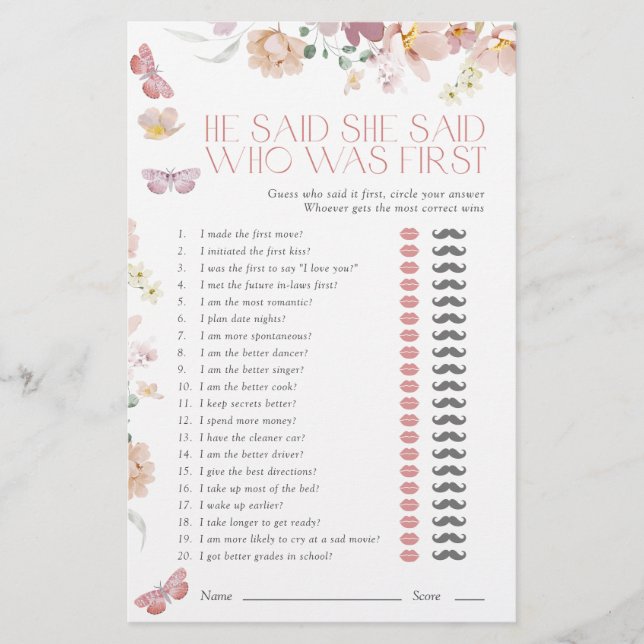 He Said She Said Pink Floral Bridal Shower Game (Voorkant)