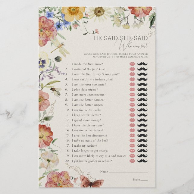 He Said She Said Pressed Wildflower Shower Game (Voorkant)