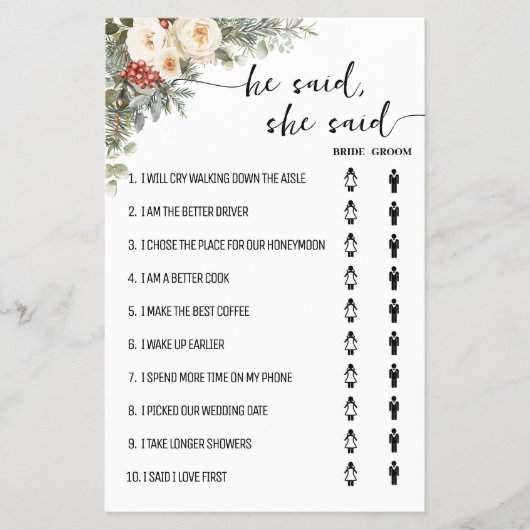 He Said She Said Winter Bridal Shower Game Card Flyer (Voorkant)