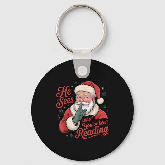 He Sees What You've Been Reading, Retro Santa Chri Sleutelhanger (Voorkant)