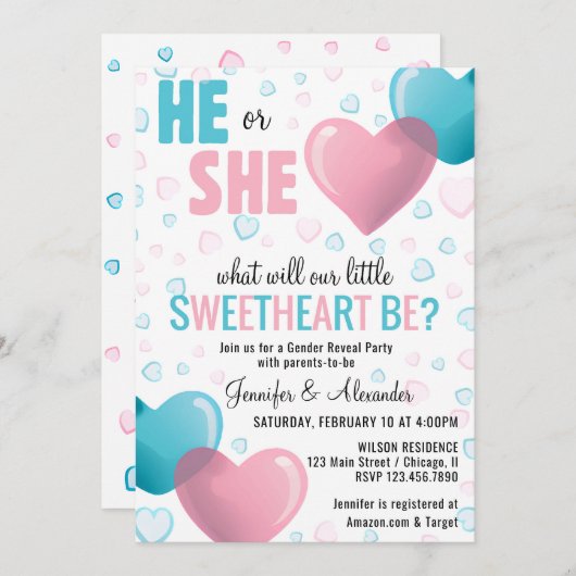 He/She Roze en Blauwe Harten Geslacht Onthullen Do Kaart (Voorkant / Achterkant)