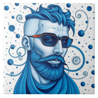 Head Of Bearded Blue Alien With Glasses Sci-Fi Art Tegeltje