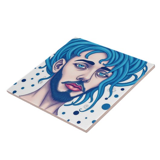 Head Of Bearded Blue Haired Alien Sci-Fi Art Tegeltje (Zijkant)