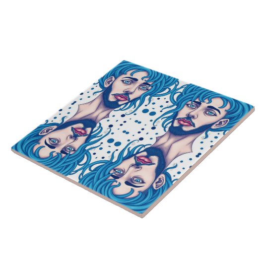 Head Of Bearded Blue Haired Alien Sci-Fi Art Tegeltje (Zijkant)