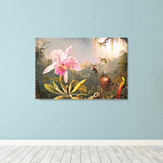 Heade - Cattleya Orchid en Drie Hummingvogels Canvas Afdruk (Insitu (Houten vloer))
