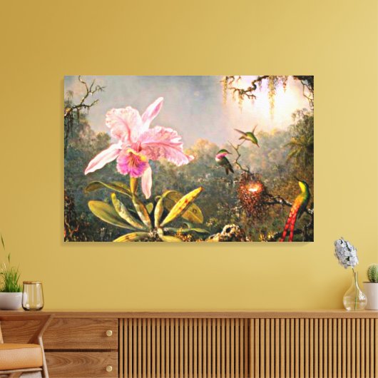 Heade - Cattleya Orchid en Drie Hummingvogels Canvas Afdruk (Insitu (Woonkamer))