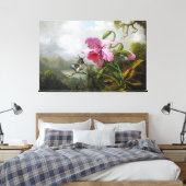 HEADE Orchidee en kolibries in de buurt van een be Canvas Afdruk (Insitu (Slaapkamer))