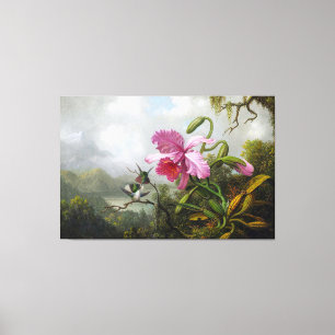 HEADE Orchidee en kolibries in de buurt van een be Canvas Afdruk