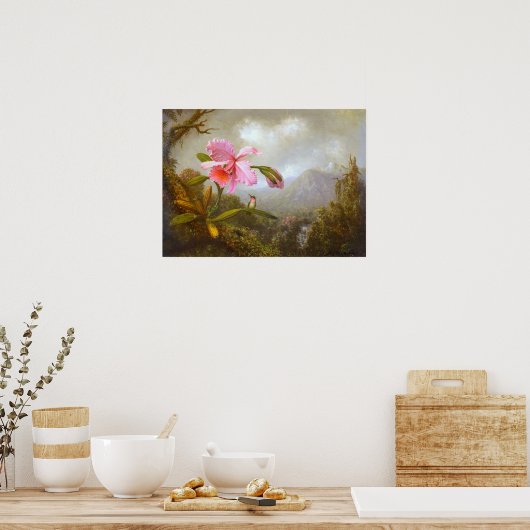 Heade - orchidee en levende vogel nabij een waterv poster (Keuken)