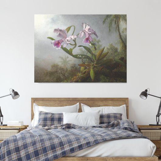 HEADE - Roze Orchideeën en kolibrie op een Twig - Canvas Afdruk (Insitu (Slaapkamer))