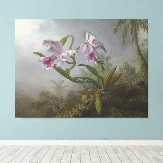HEADE - Roze Orchideeën en kolibrie op een Twig - Canvas Afdruk (Insitu (Houten vloer))