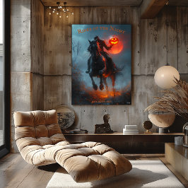 Headless Horseman Halloween met gloeiende pompoen Poster