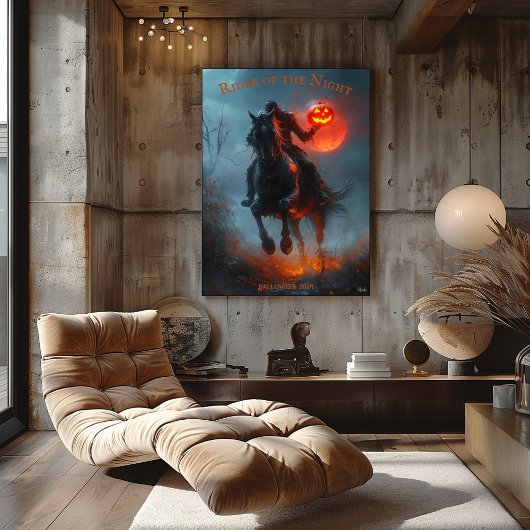 Headless Horseman Halloween met gloeiende pompoen Poster