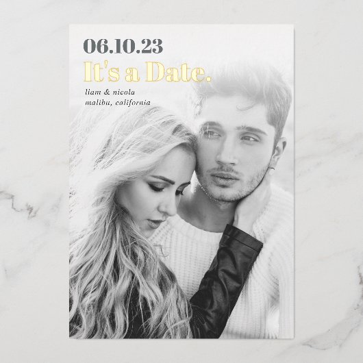 Headline | Moderne verticale foto slaat de datum o Folie Uitnodiging (Voorkant)