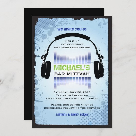 HEADPHONES Bar Bat Mitzvah Uitnodiging (Voorkant / Achterkant)
