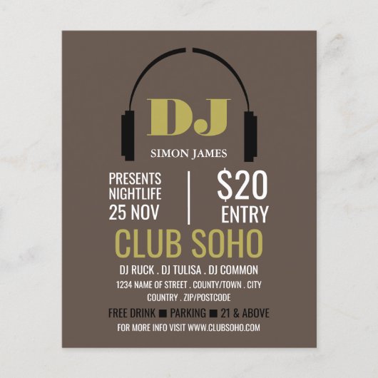 Headphones Logo, DJ, Club Event Adverteren Flyer (Voorkant)