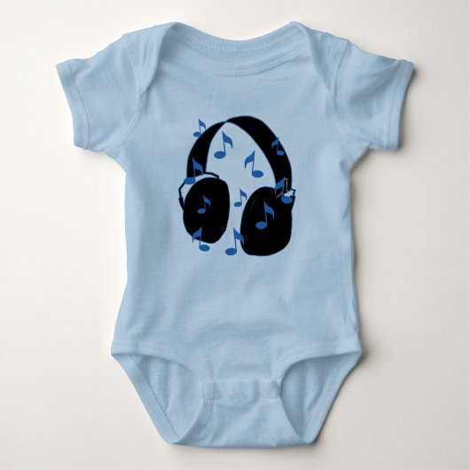 Headset met muzieknotities voor Baby in blauw Romper (Voorkant)