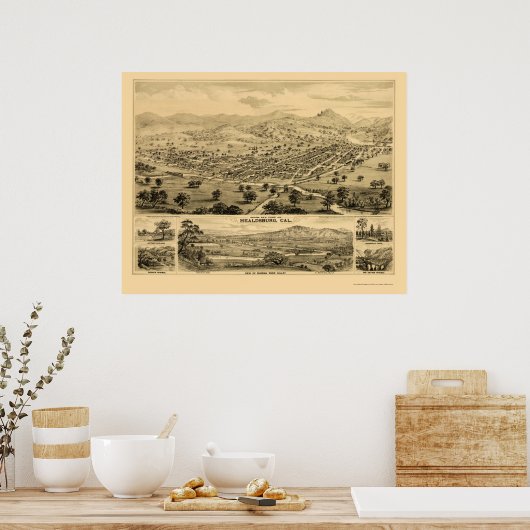 Healdsburg, CA Panoramic Map - 1876 Poster (Keuken)