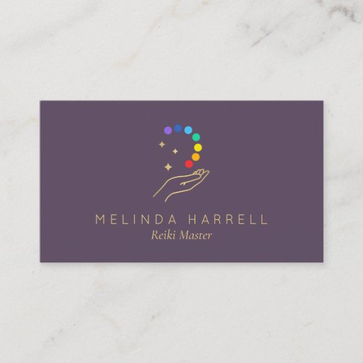 Healing Hand Logo Reiki, Massage, Wellness Paarse Visitekaartje (Voorkant)