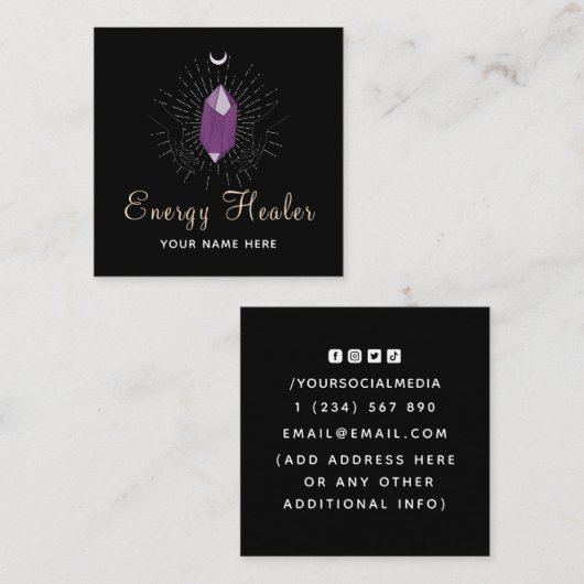 Healing Hands &Paarse Diamond Modern Elegant Zwart Vierkante Visitekaartje (Voorkant / Achterkant)